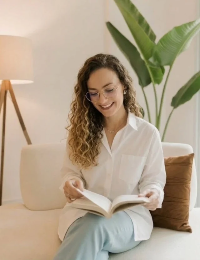 Psicóloga Isabelle Rolim sorrindo, sentada num sofá claro lendo um livro